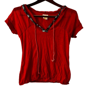 Red V-Neck Women's Top with Hood M